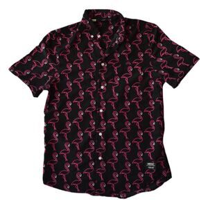 Wesc Black Short Sleeve Button-Down Shirt with Pink Flamingo Print
